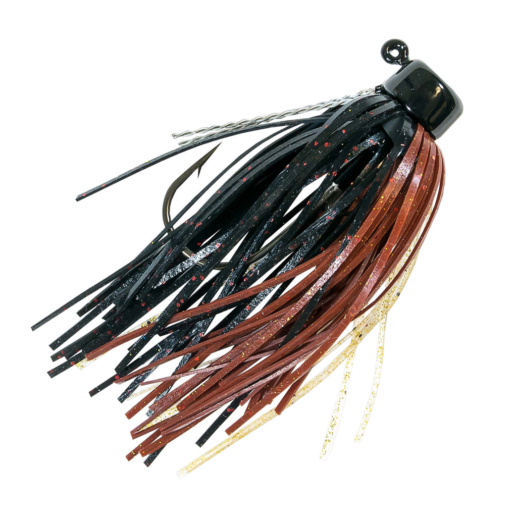 Fishing jig with black and copper marabou skirt strands and round eye hook