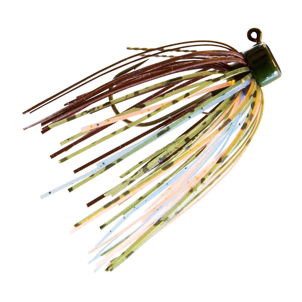Fishing jig with multicolor skirt strands, brown head, and round eye hook