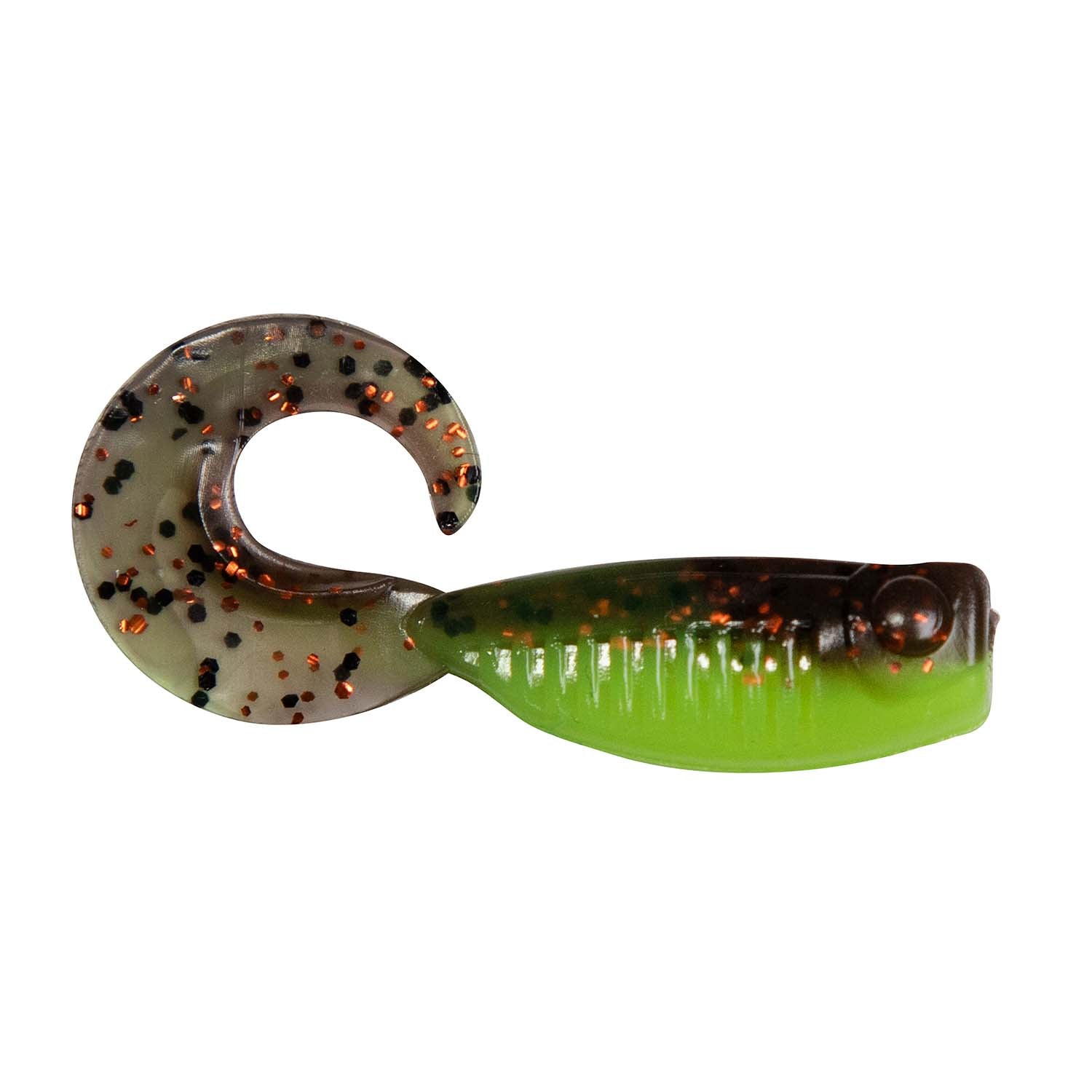 Dark speckled soft plastic fishing lure with green tail and curled hook-style head.