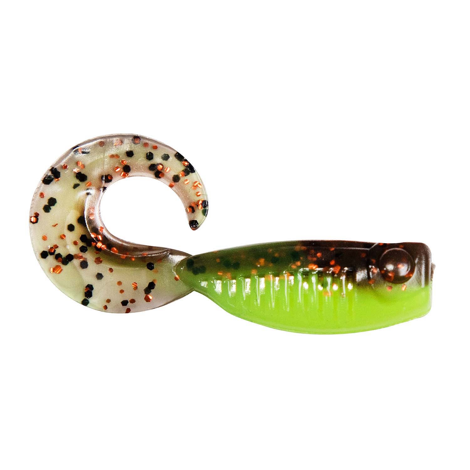 Soft fishing lure with curled tail, green body and speckled cream head, glossy finish.