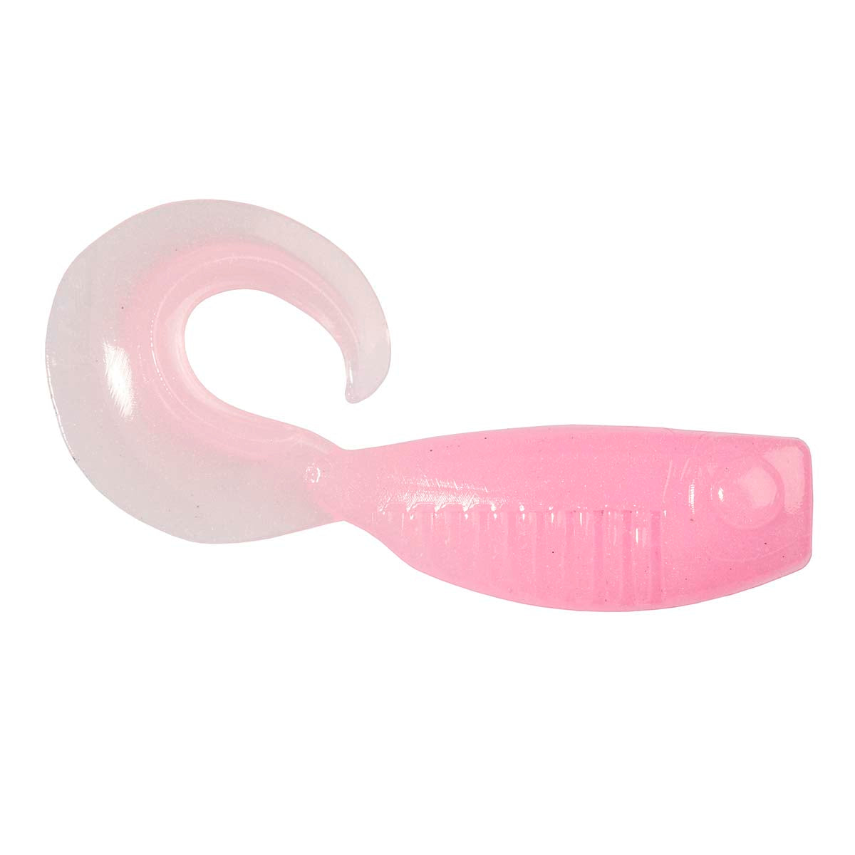 Pink translucent soft plastic fishing lure with curled tail and ribbed body.