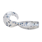 Clear white soft plastic fishing lure with blue speckles and curled tail.