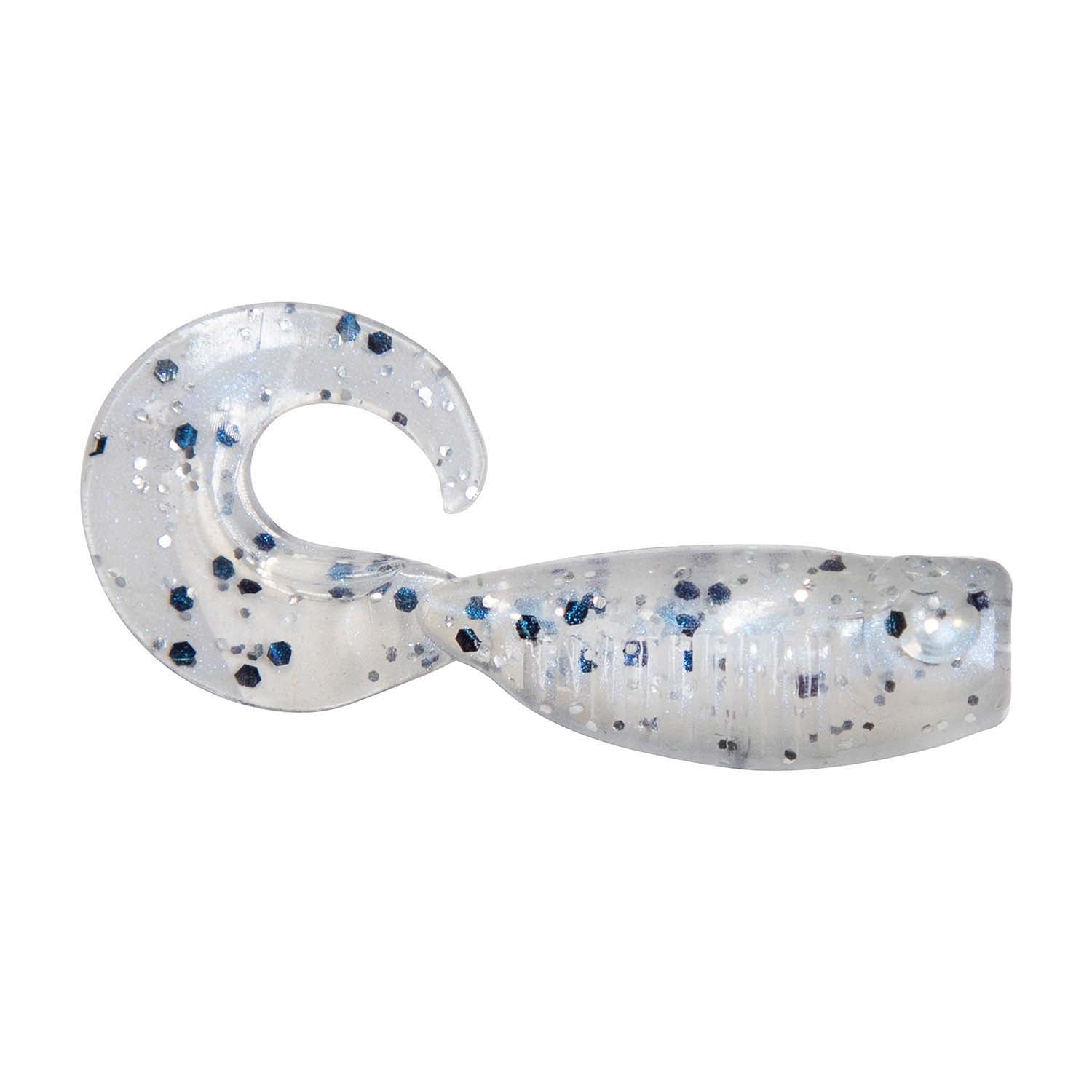 Clear white soft plastic fishing lure with blue speckles and curled tail.