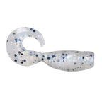 Soft fishing lure with curled tail, translucent white-silver body with blue specks.