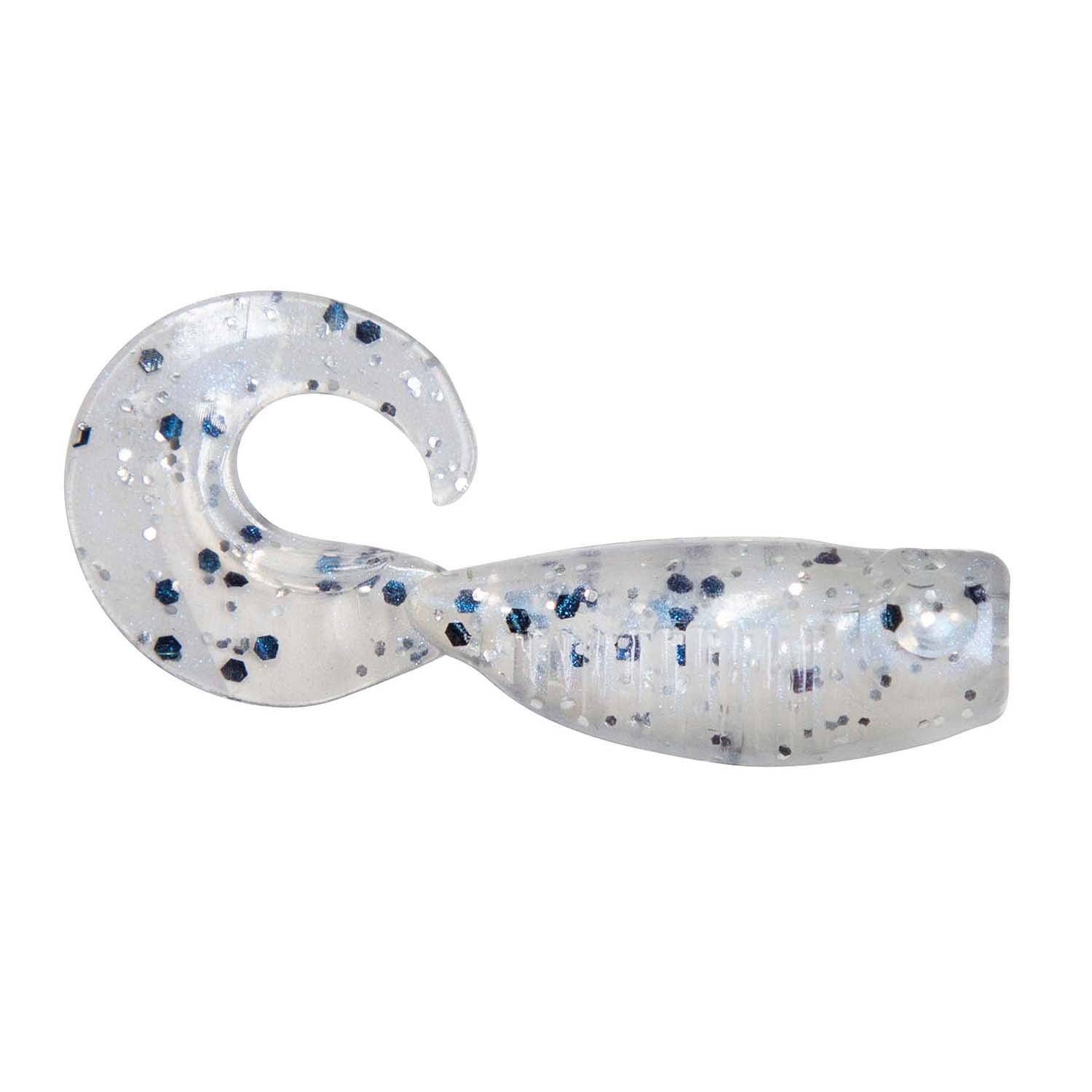 Soft fishing lure with curled tail, translucent white-silver body with blue specks.