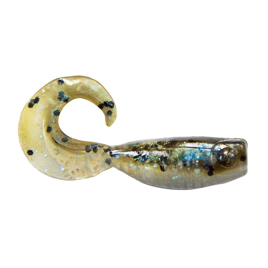 Gold and clear soft plastic fishing lure with speckles and curled tail.