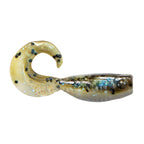 Gold and clear soft plastic fishing lure with speckles and curled tail.