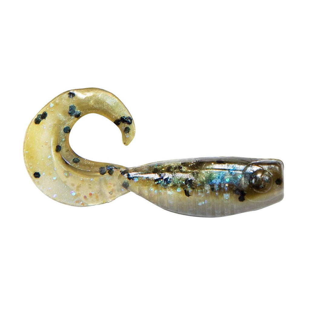 Soft fishing lure with curled tail, gold-tan head with dark specks, shimmery green body.