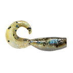 Soft fishing lure with curled tail, gold-tan head with dark specks, shimmery green body.