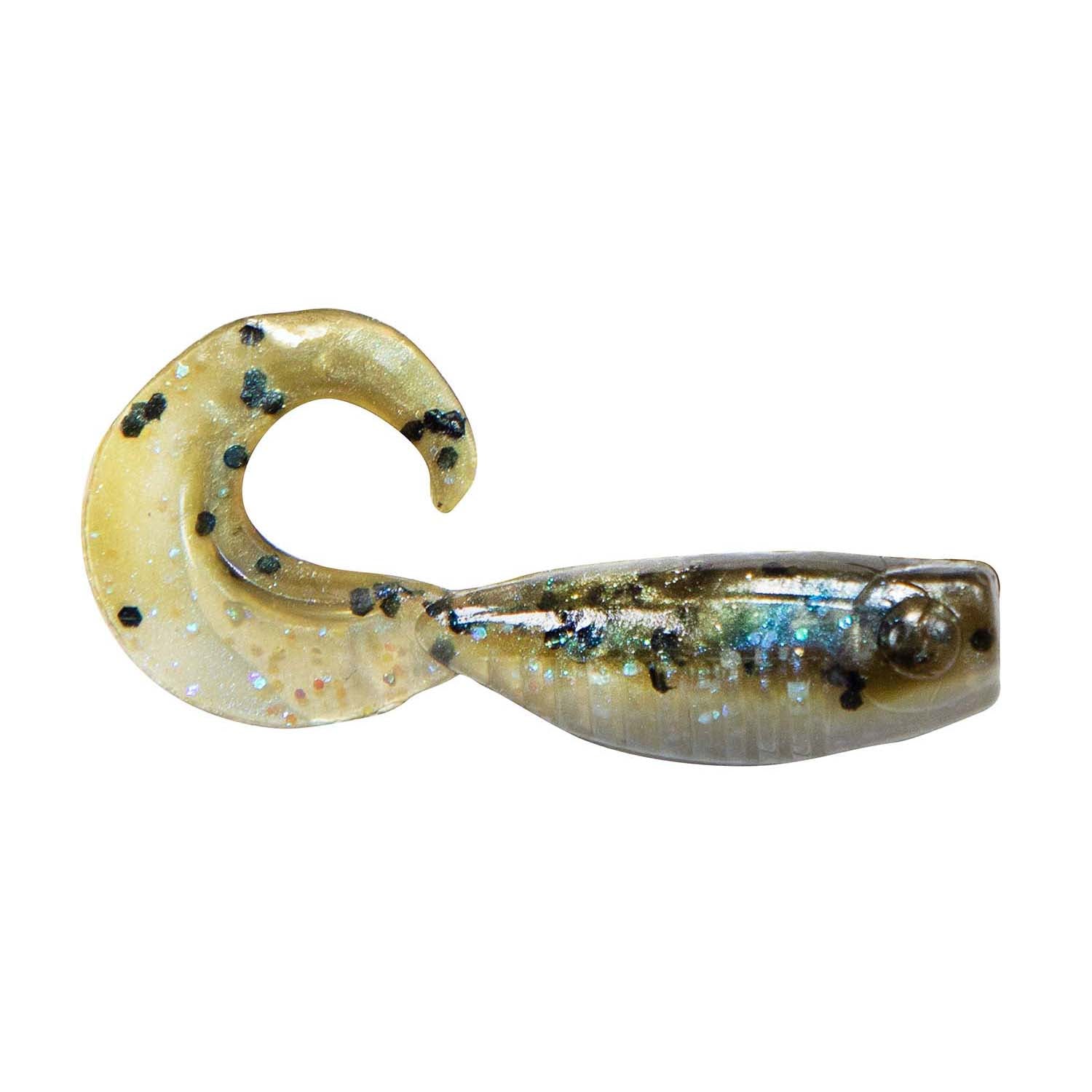 Soft fishing lure with curled tail, gold-tan head with dark specks, shimmery green body.