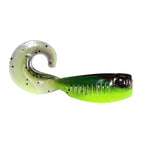Soft fishing lure with curled tail, bright chartreuse green body with black dot details.