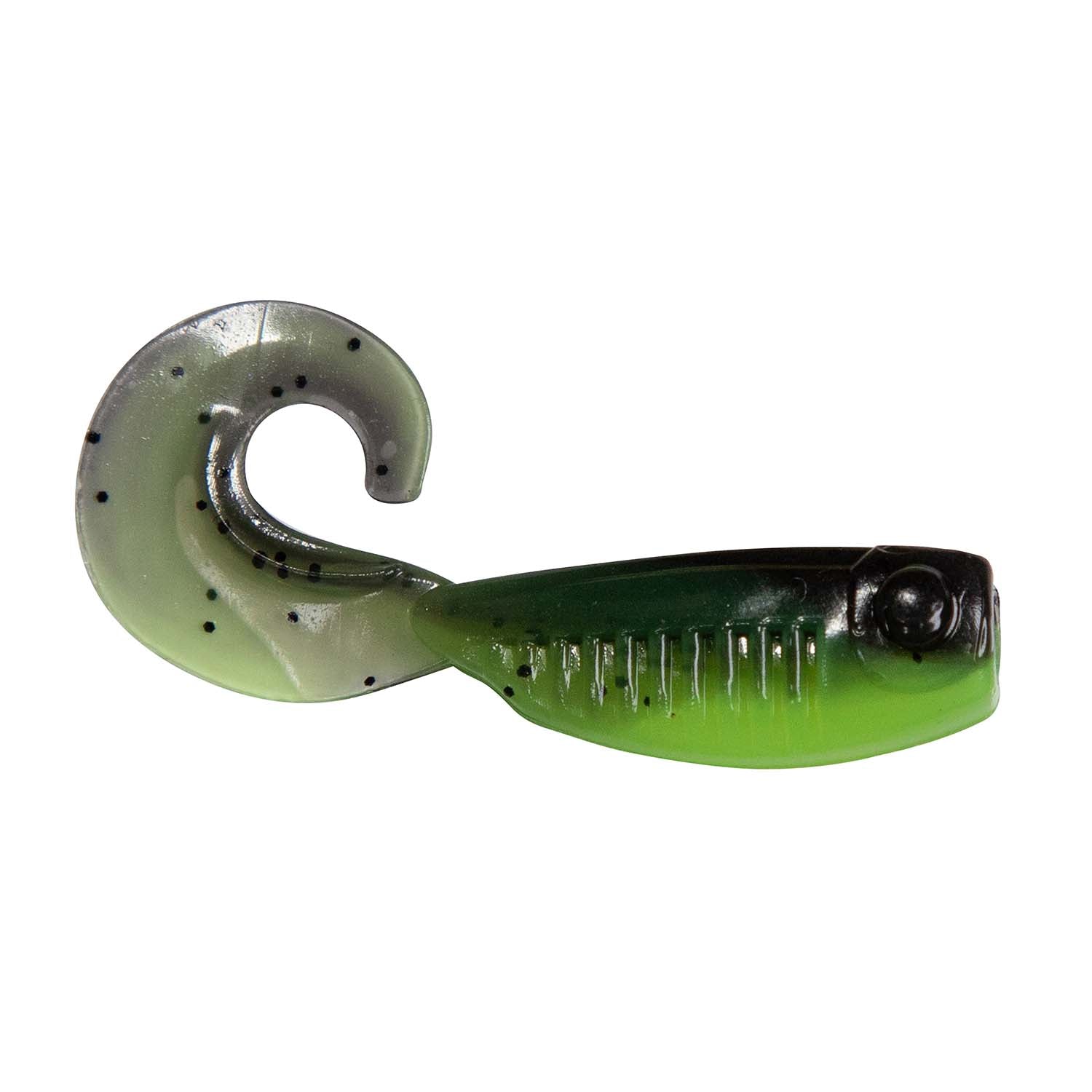 Olive green soft plastic fishing lure with black-tinted tail tip and speckles.