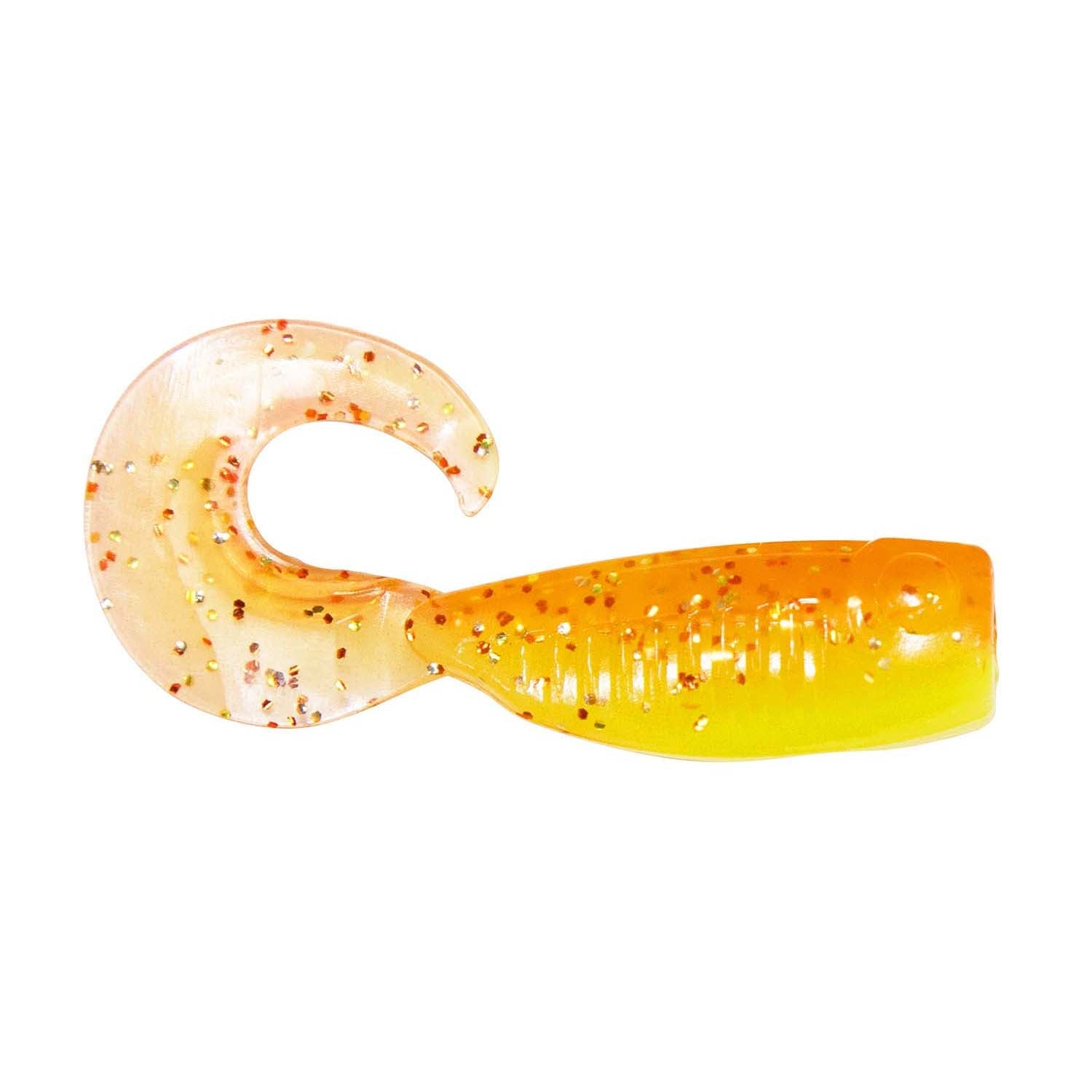 Orange-yellow soft plastic fishing lure with curled tail and speckled body.