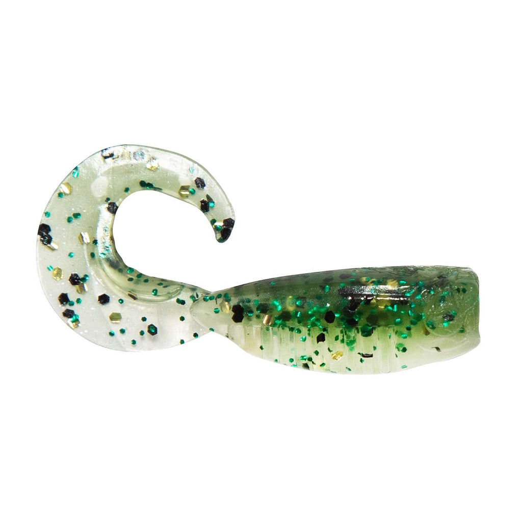 Pearl white soft plastic fishing lure with green glitter speckles and curled tail.