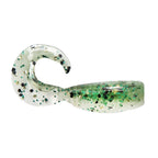 White soft plastic fishing lure with green-speckled body and curled tail.