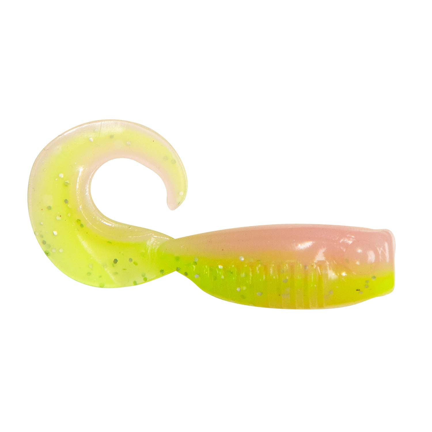 Soft fishing lure with curled tail, translucent lime and pink sections, speckled glitter.