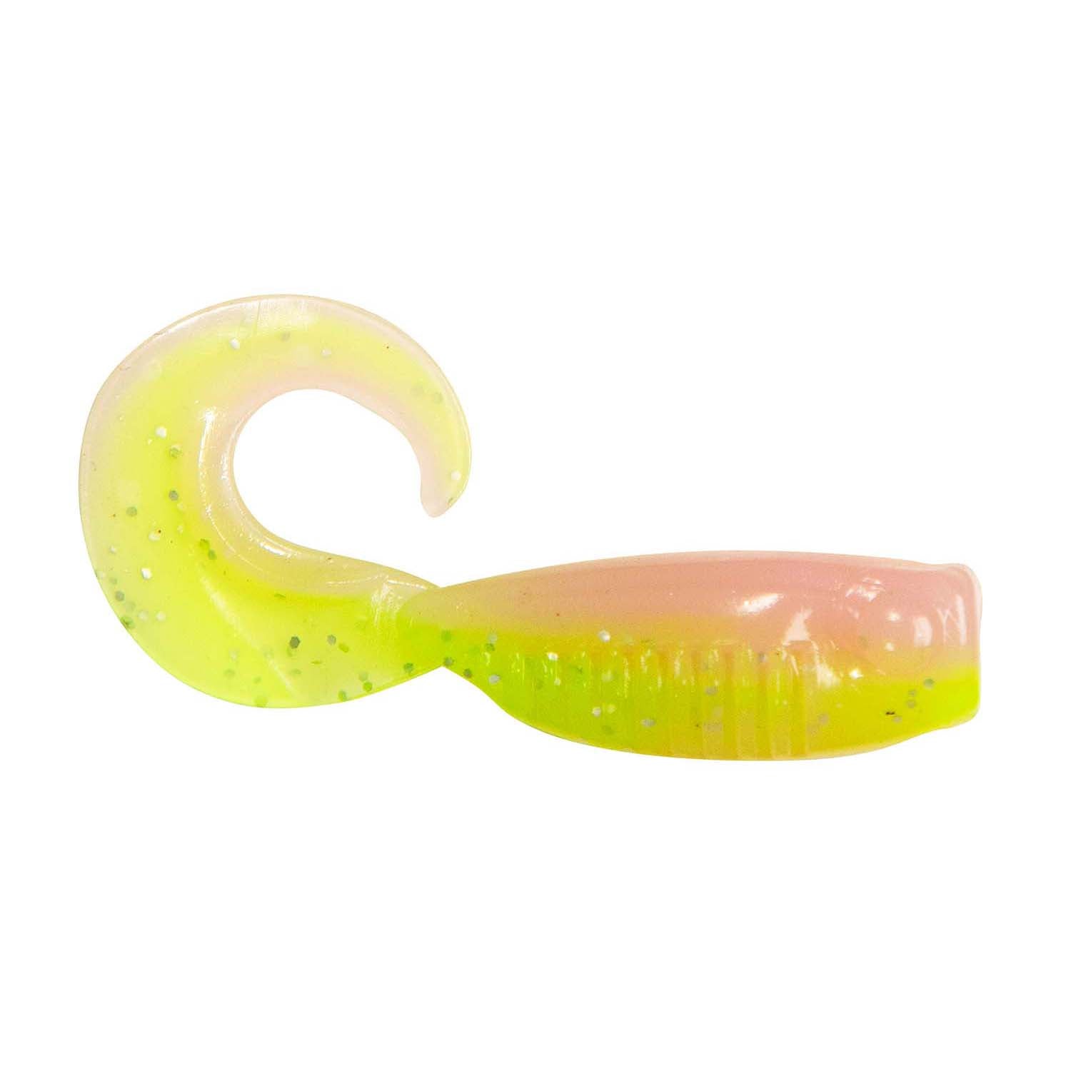 Soft fishing lure with curled tail, translucent yellow-green and pink-tinted body, glitter specks.