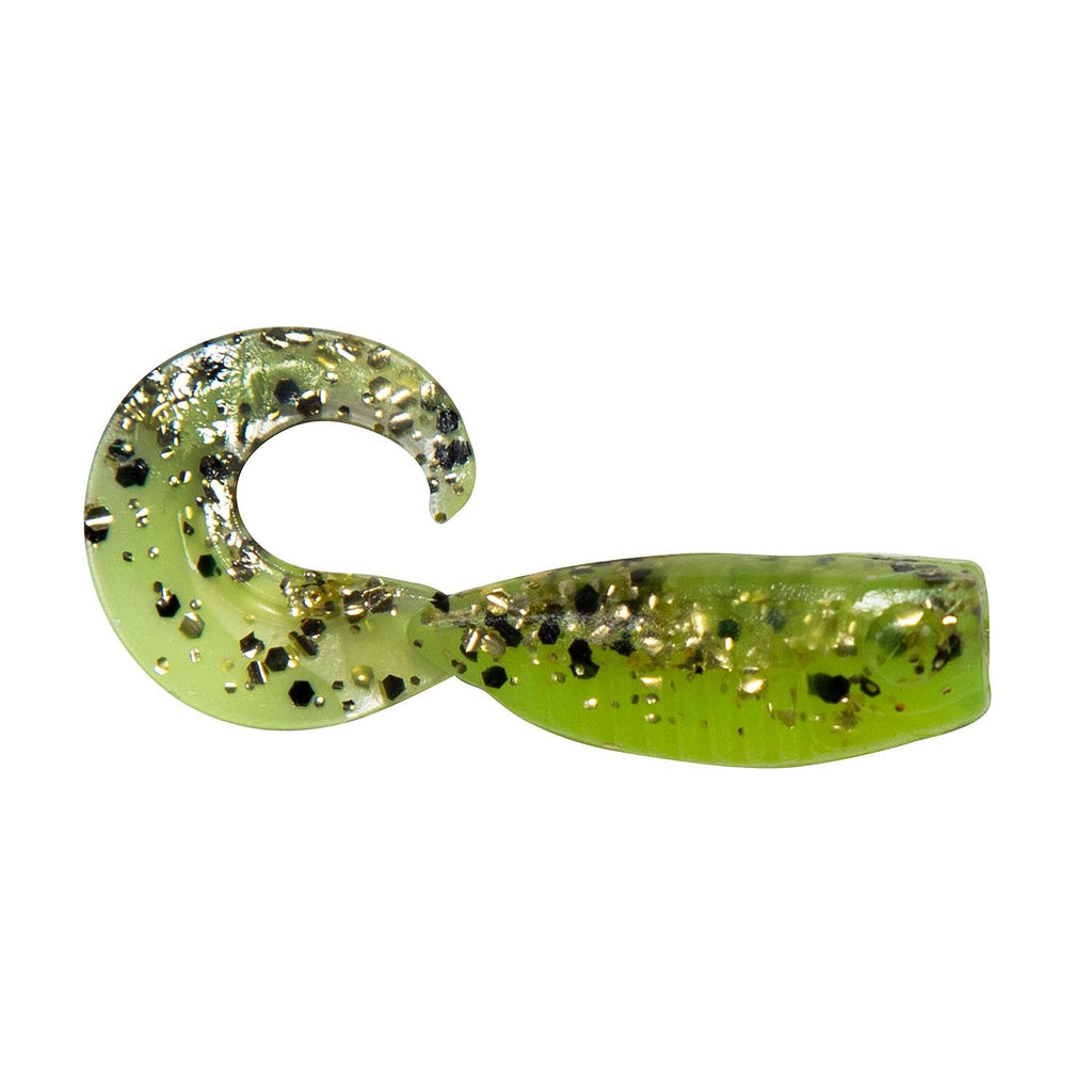 Soft fishing lure with curled tail, translucent chartreuse green and dark speckle glitter.