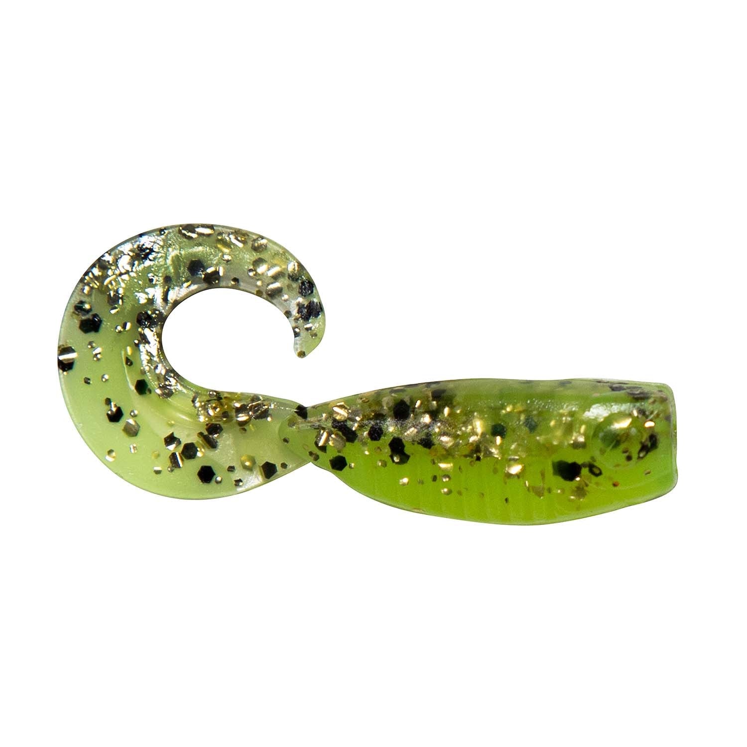 Soft fishing lure with curled tail, translucent chartreuse green and dark speckle glitter.