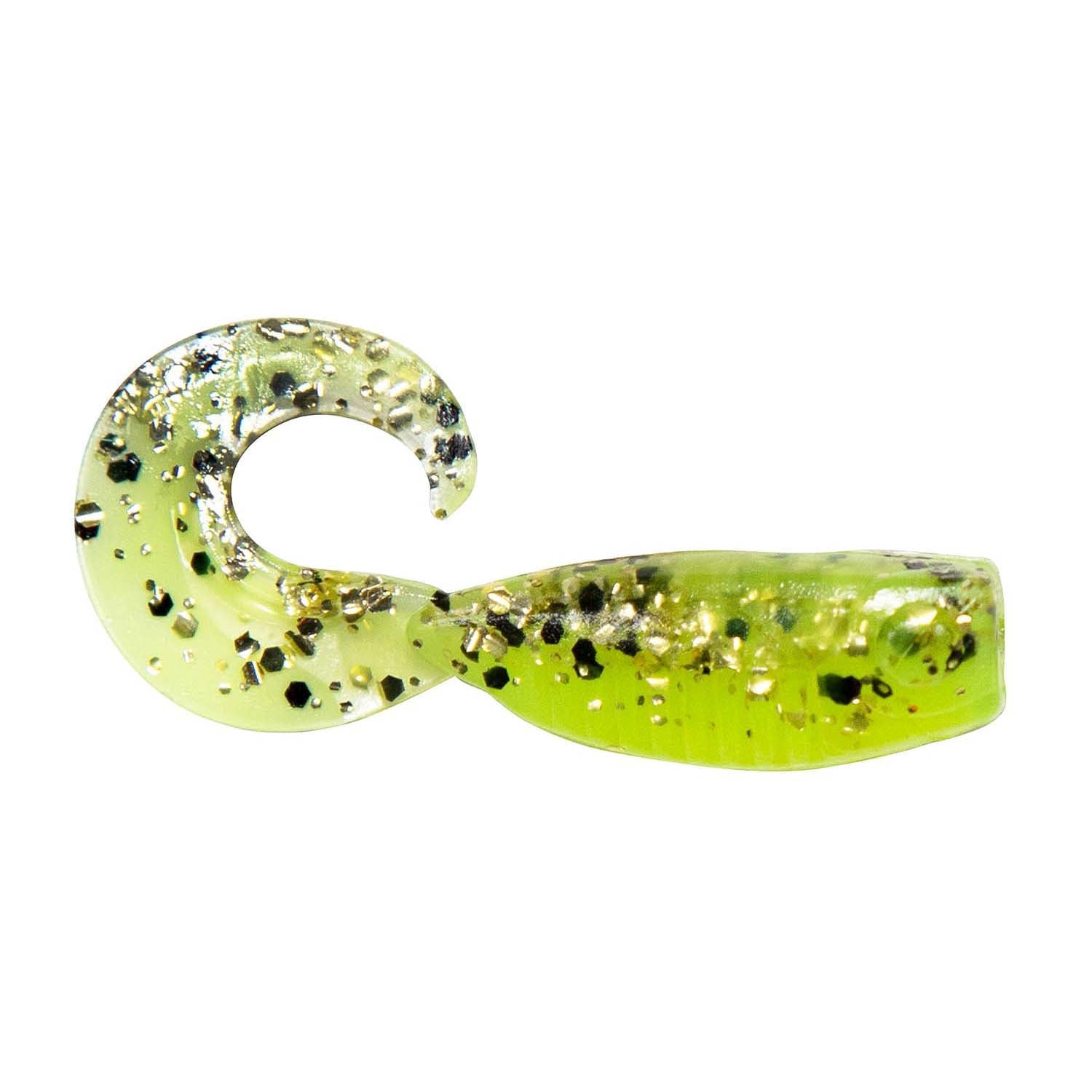 Soft fishing lure with curled tail, chartreuse green with dark speckles and gold shimmer.