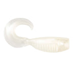 White pearl soft plastic fishing lure with curled tail and smooth ribbed body.