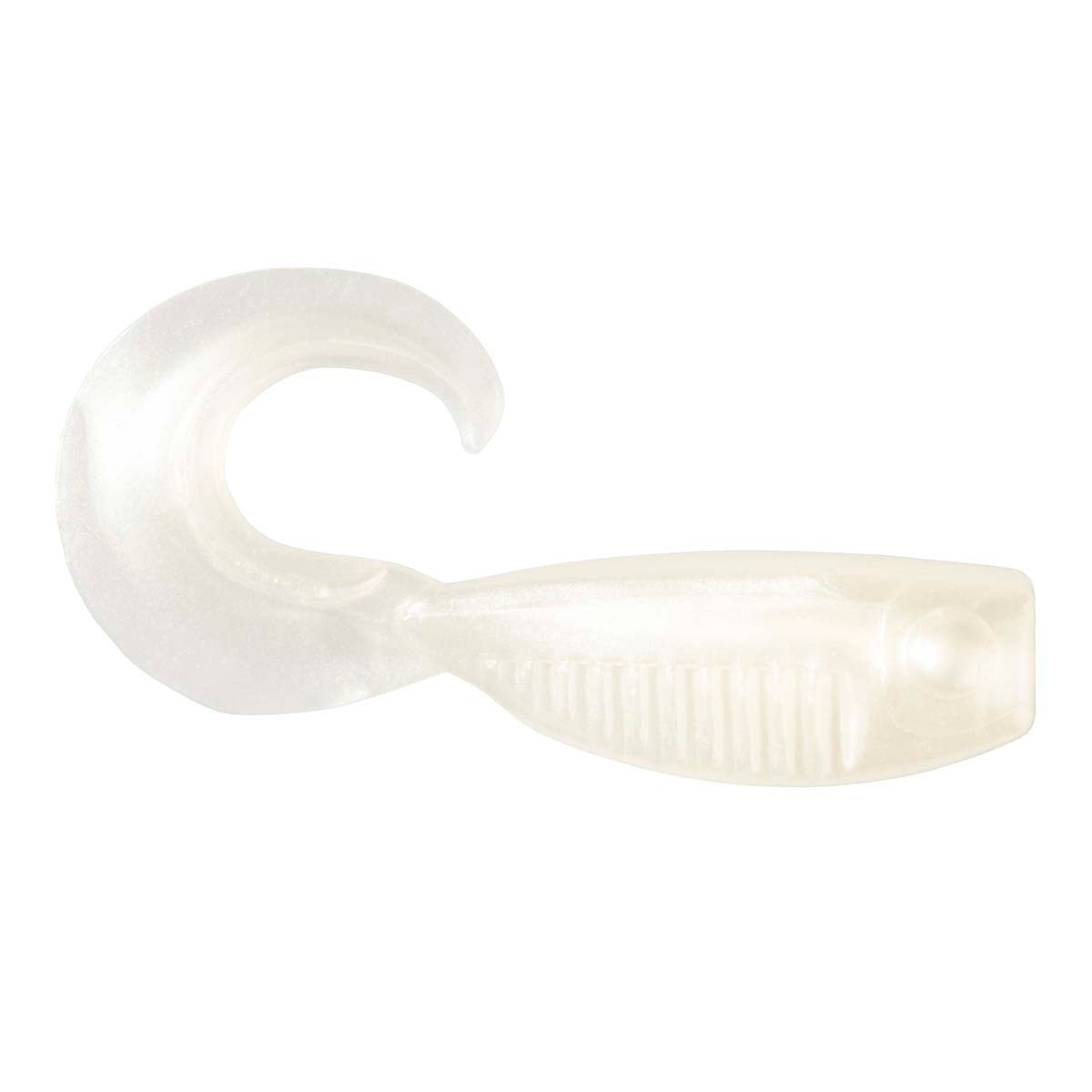 White pearl soft plastic fishing lure with curled tail and smooth ribbed body.
