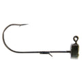 Fishing jig hook with dark olive lead head and curved worm hook, ring eye.