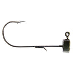 Fishing jig hook with dark olive lead head and curved worm hook, ring eye.