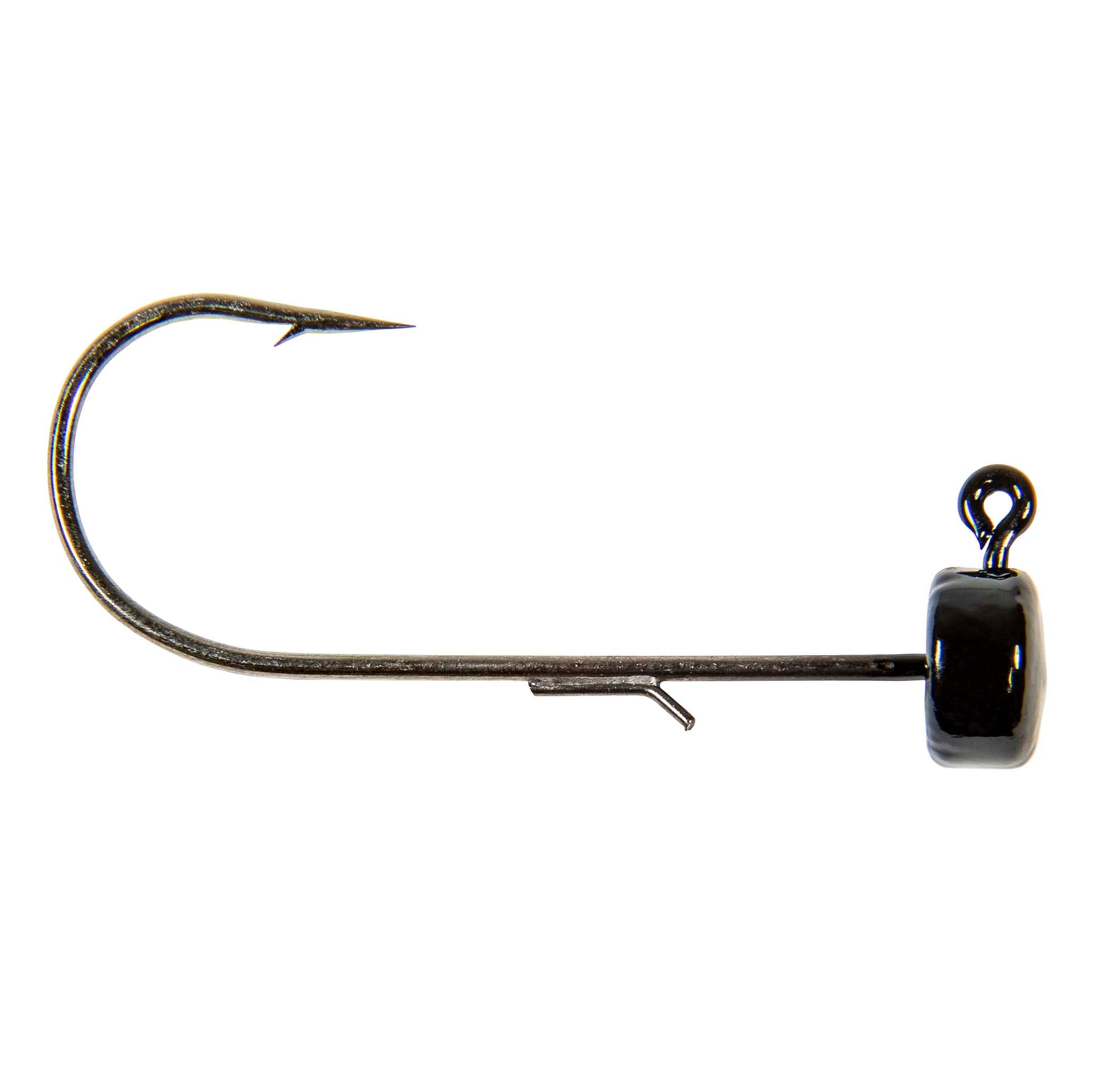Fishing jig hook with green-brown lead head and curved worm hook, ring eye.
