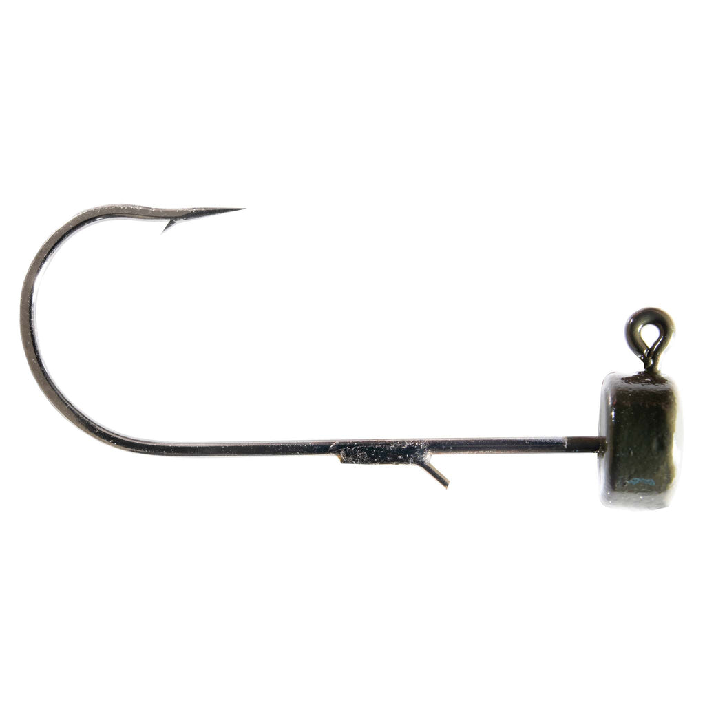 Fishing jig hook with dark olive lead head and curved worm hook, ring eye.