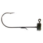 Fishing jig hook with dark olive lead head and curved worm hook, ring eye.