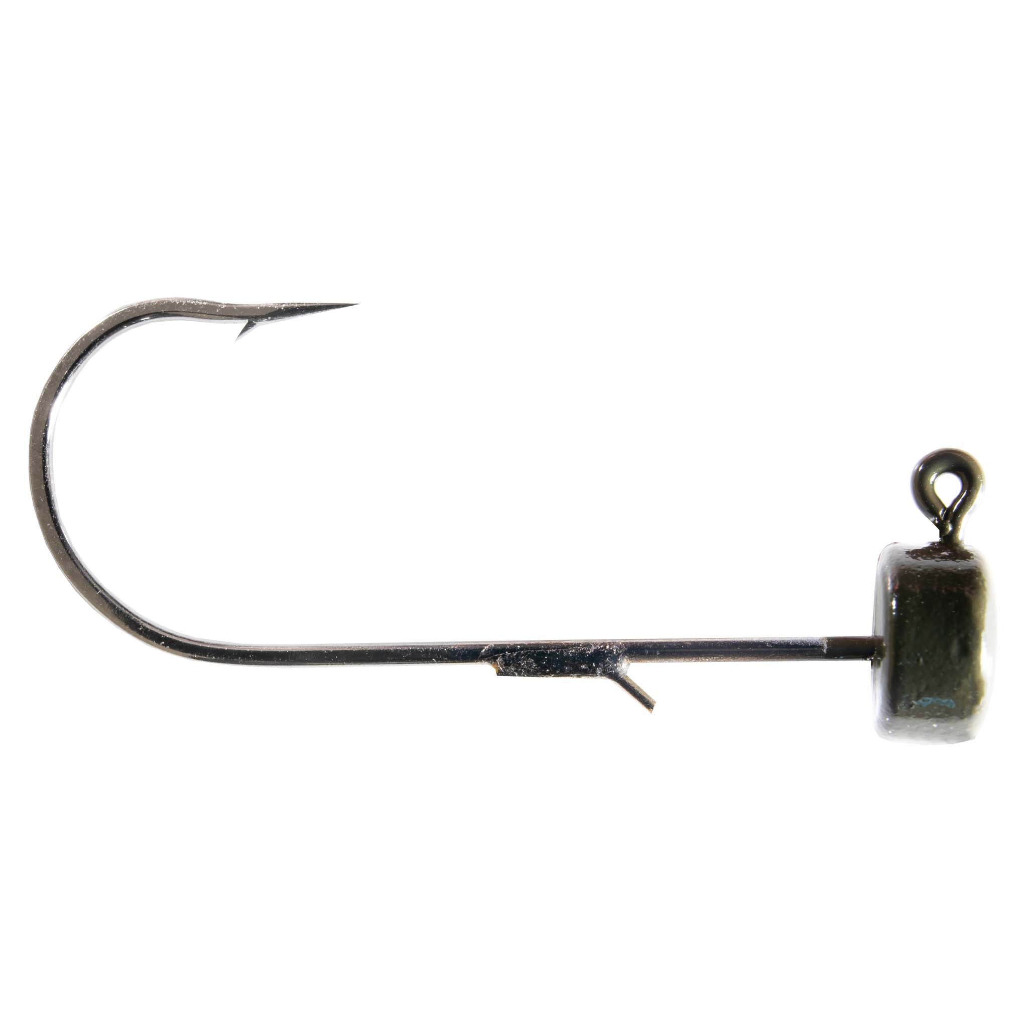 Fishing jig hook with dark olive lead head and curved worm hook, ring eye.