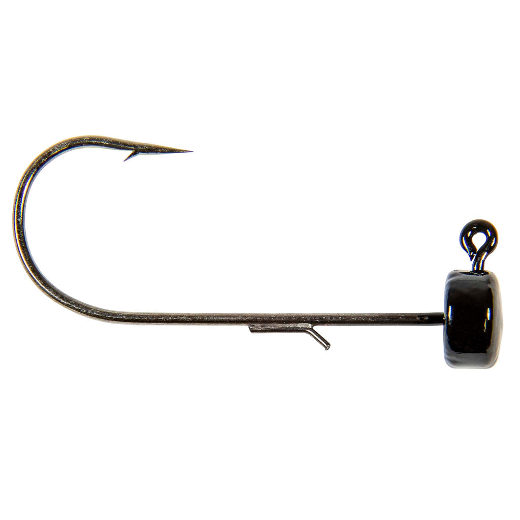 Fishing jig hook with green-brown lead head and curved worm hook, ring eye.