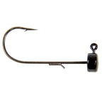 Fishing jig hook with green-brown lead head and curved worm hook, ring eye.