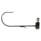 Fishing jig hook with dark olive lead head and curved worm hook, ring eye.