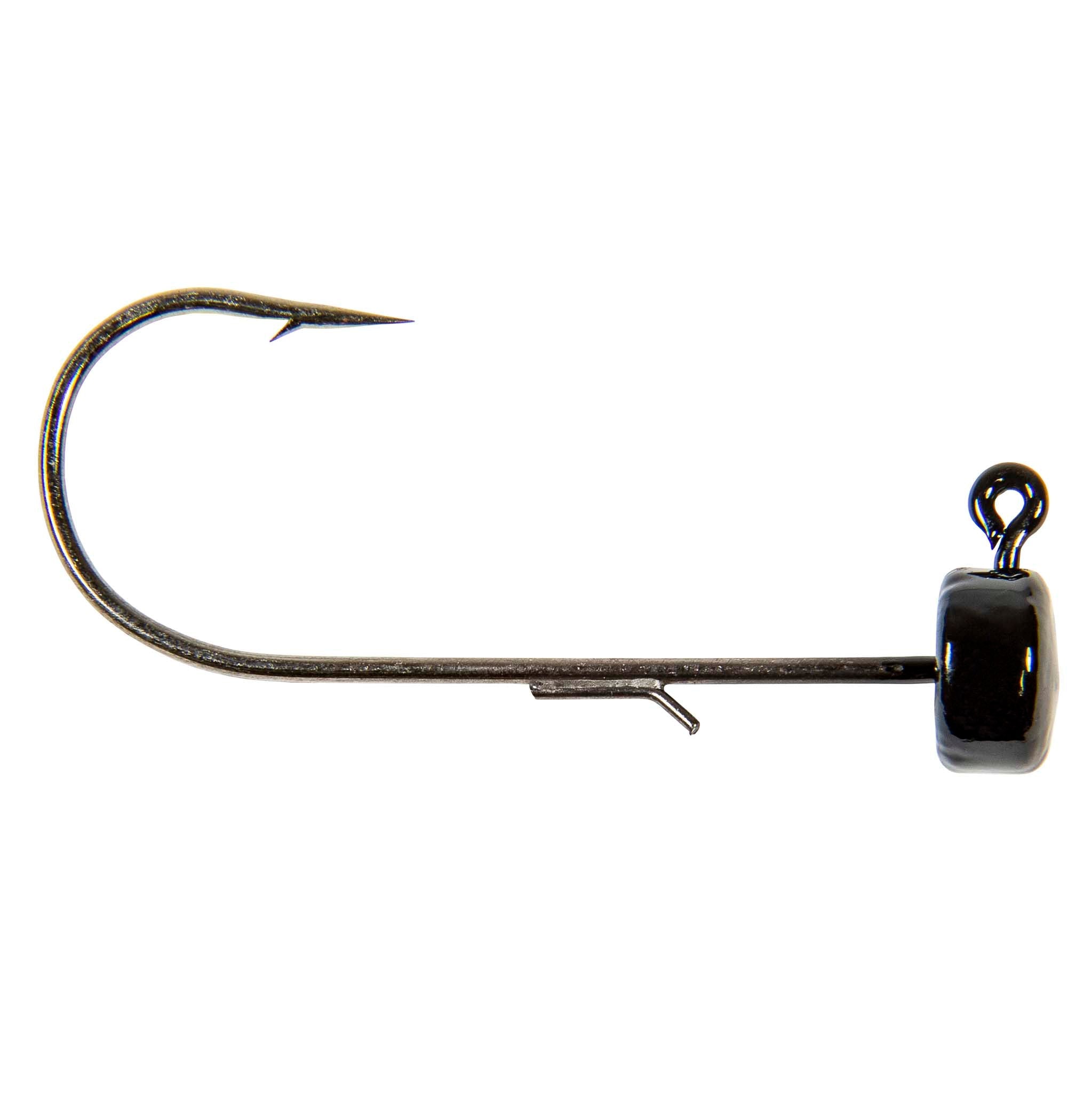 Fishing jig hook with green-brown lead head and curved worm hook, ring eye.
