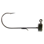 Fishing jig hook with dark olive lead head and curved worm hook, ring eye.