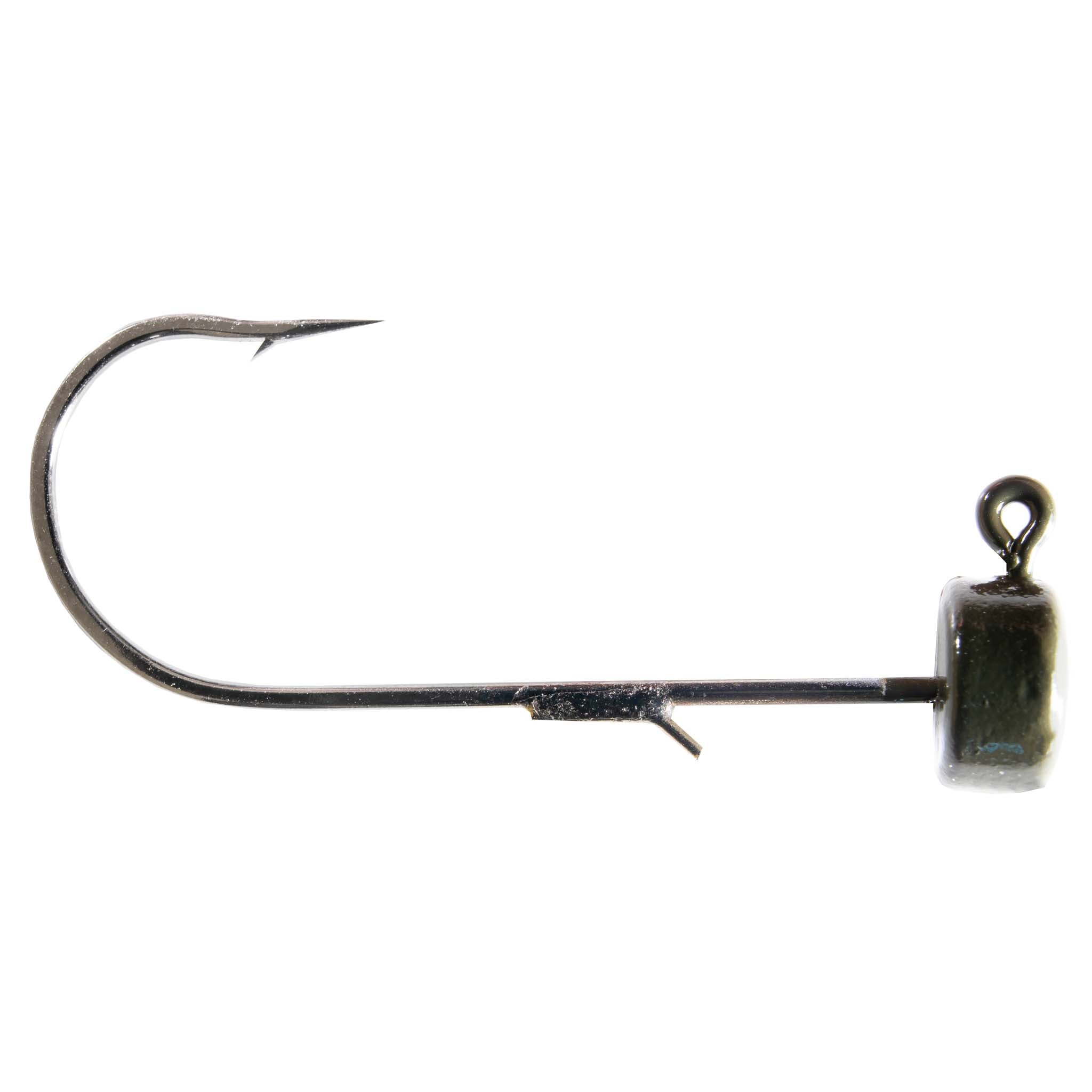 Fishing jig hook with dark olive lead head and curved worm hook, ring eye.