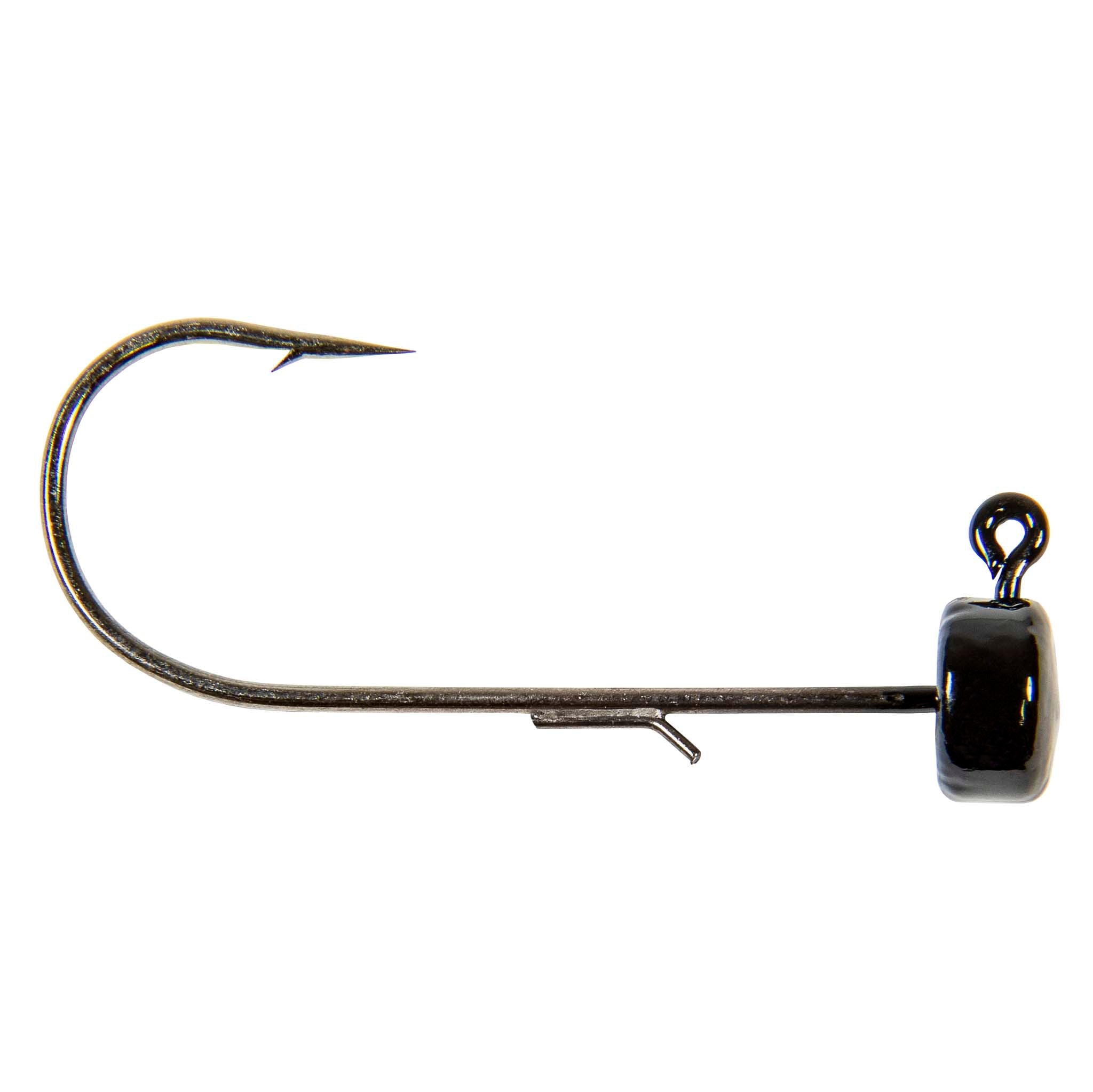 Fishing jig hook with green-brown lead head and curved worm hook, ring eye.