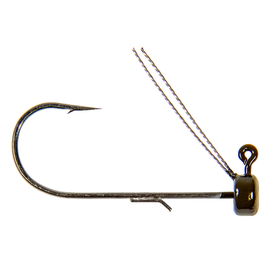Weedless fishing jig hook with weedguard, bronze hook, and dark jig head