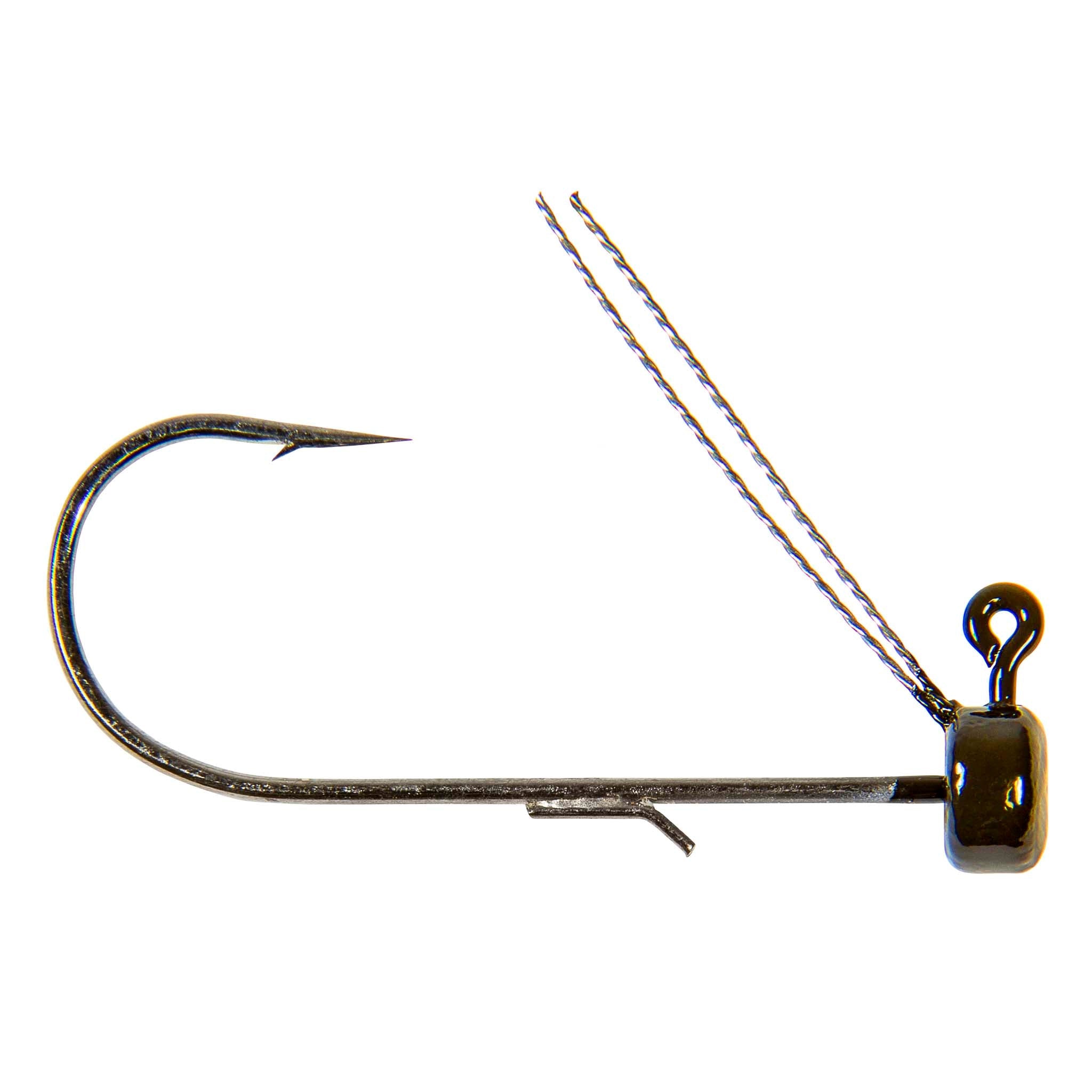 Weedless fishing jig hook with weedguard, bronze hook, and dark jig head