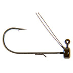 Weedless fishing jig hook with split-tail strands, bronze hook, dark jig head