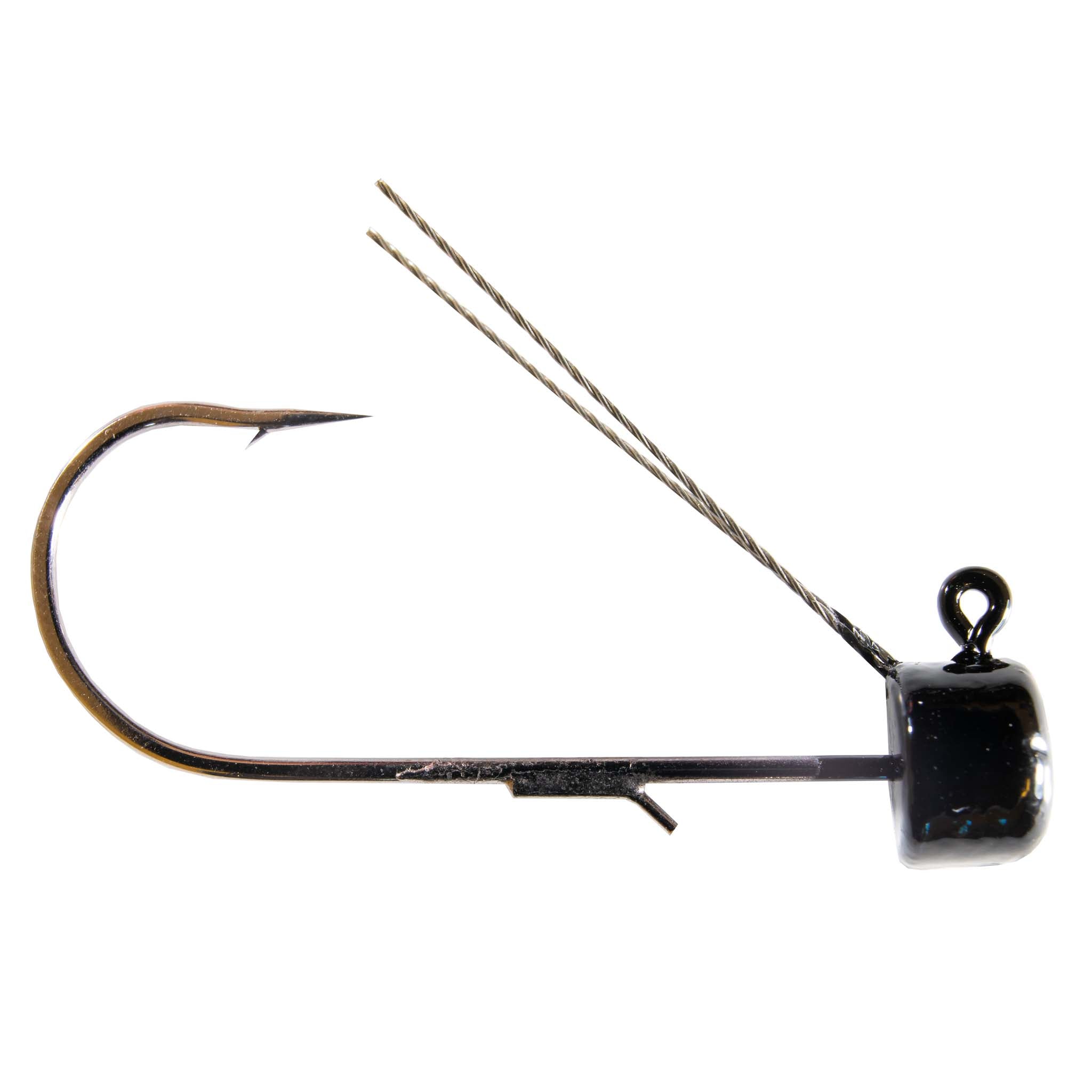 Weedless fishing jig hook with weedguard, bronze hook, dark jig head