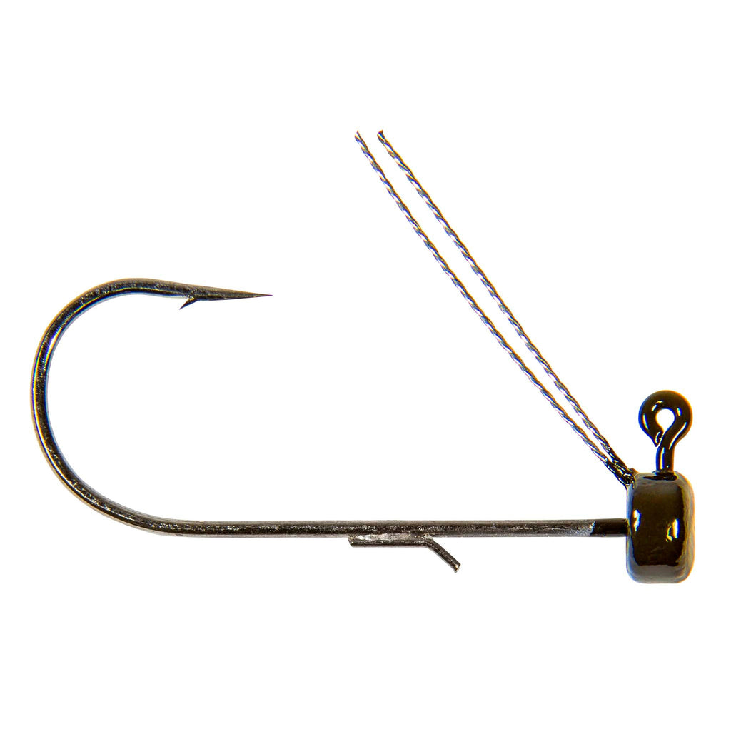 Weedless fishing jig hook with bronze hook and weedguard, dark jig head