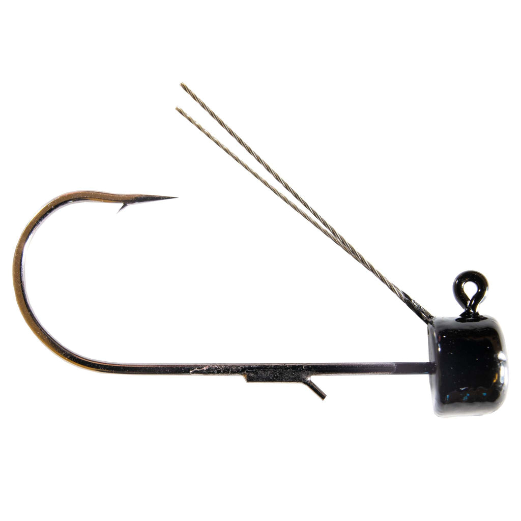 Weedless fishing jig hook with weedguard, bronze hook point, dark jig head