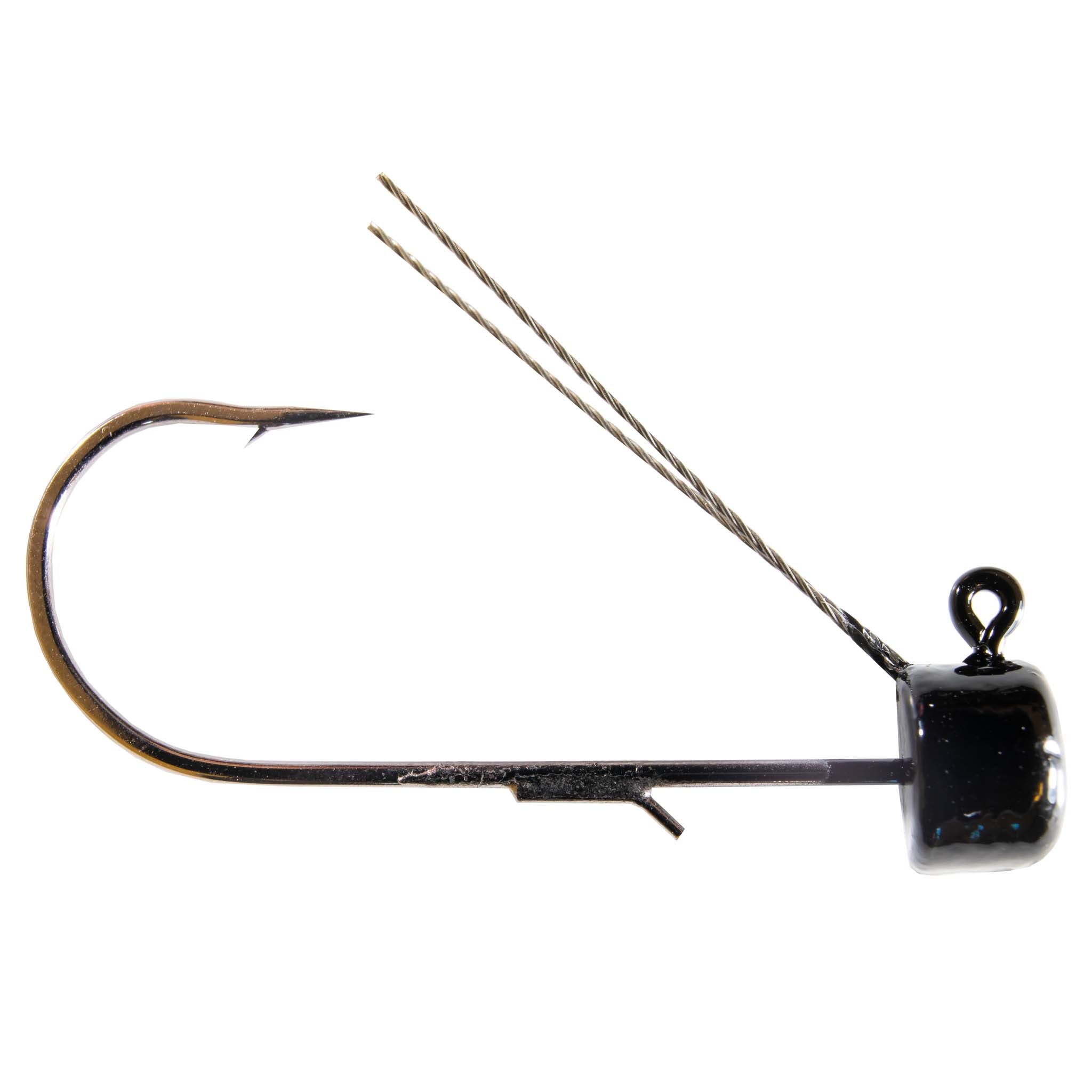 Weedless fishing jig hook with weedguard, bronze hook point, dark jig head