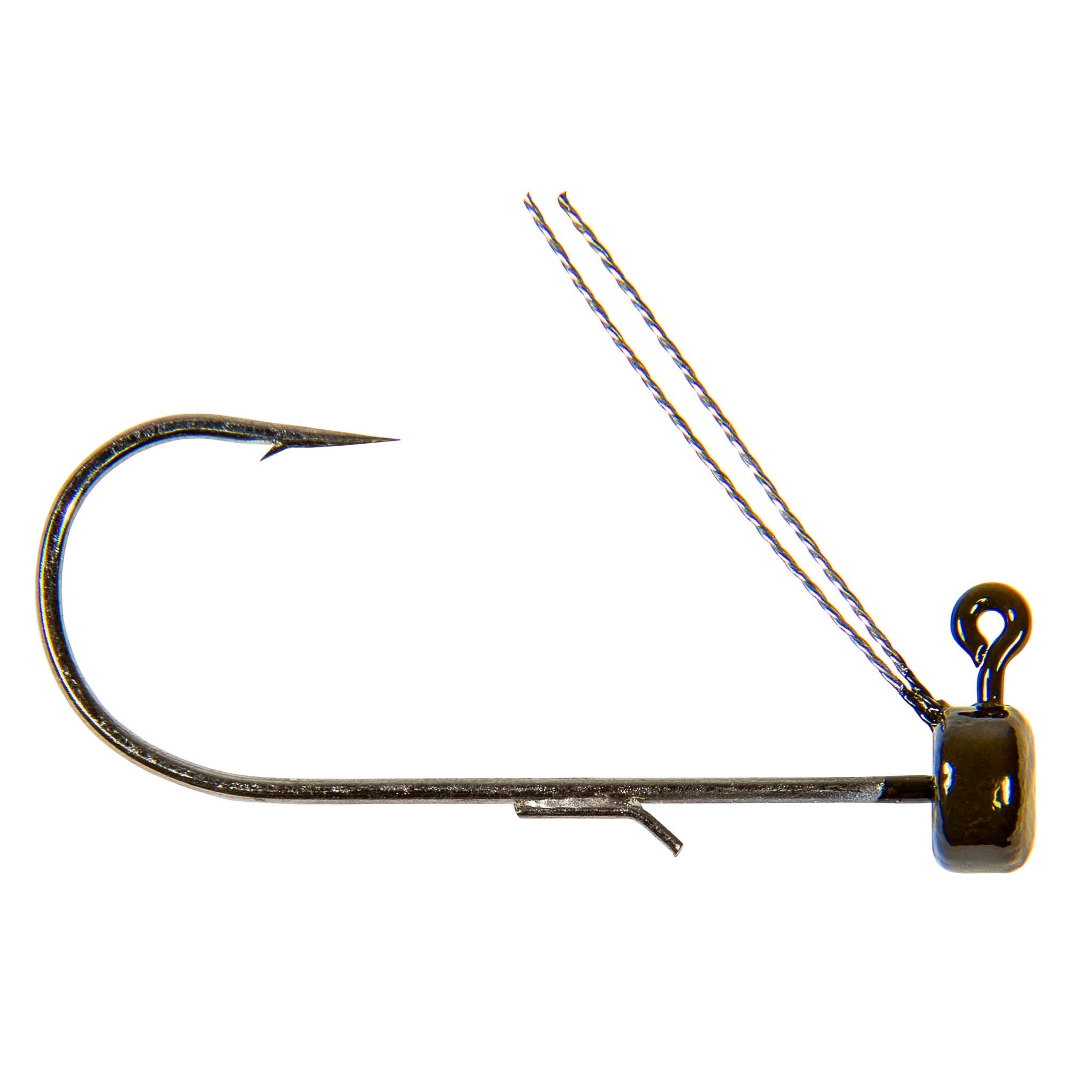 Weedless fishing jig hook with split-tail strands, bronze hook, dark jig head