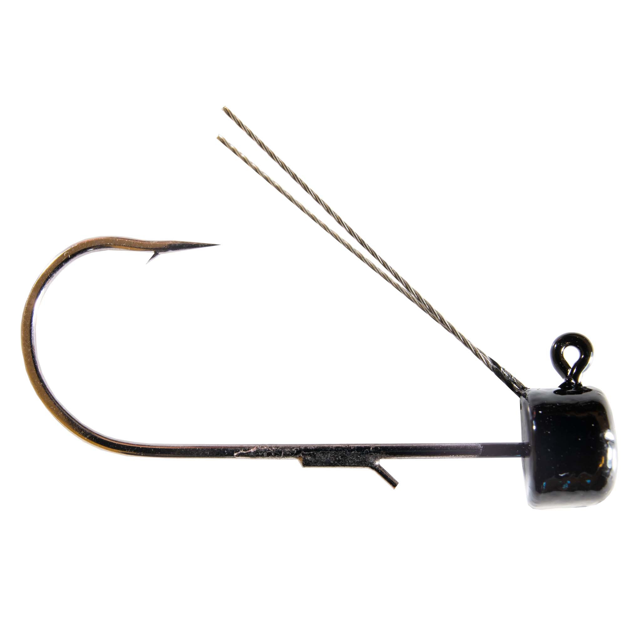 Weedless fishing jig hook with weedguard, bronze hook, dark jig head