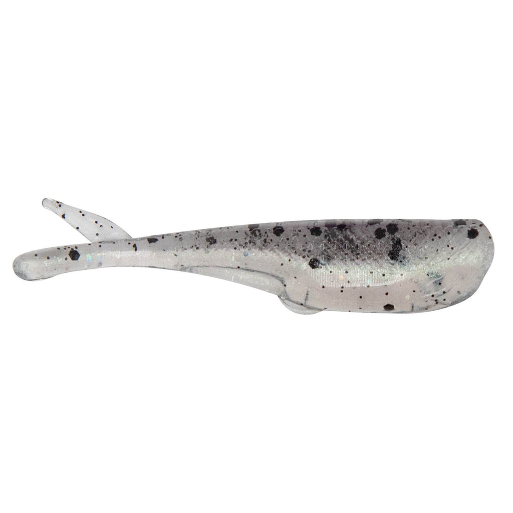 Speckled gray-blue soft plastic fishing lure with curved tail and paddle fin.