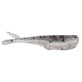 Speckled gray-blue soft plastic fishing lure with curved tail and paddle fin.
